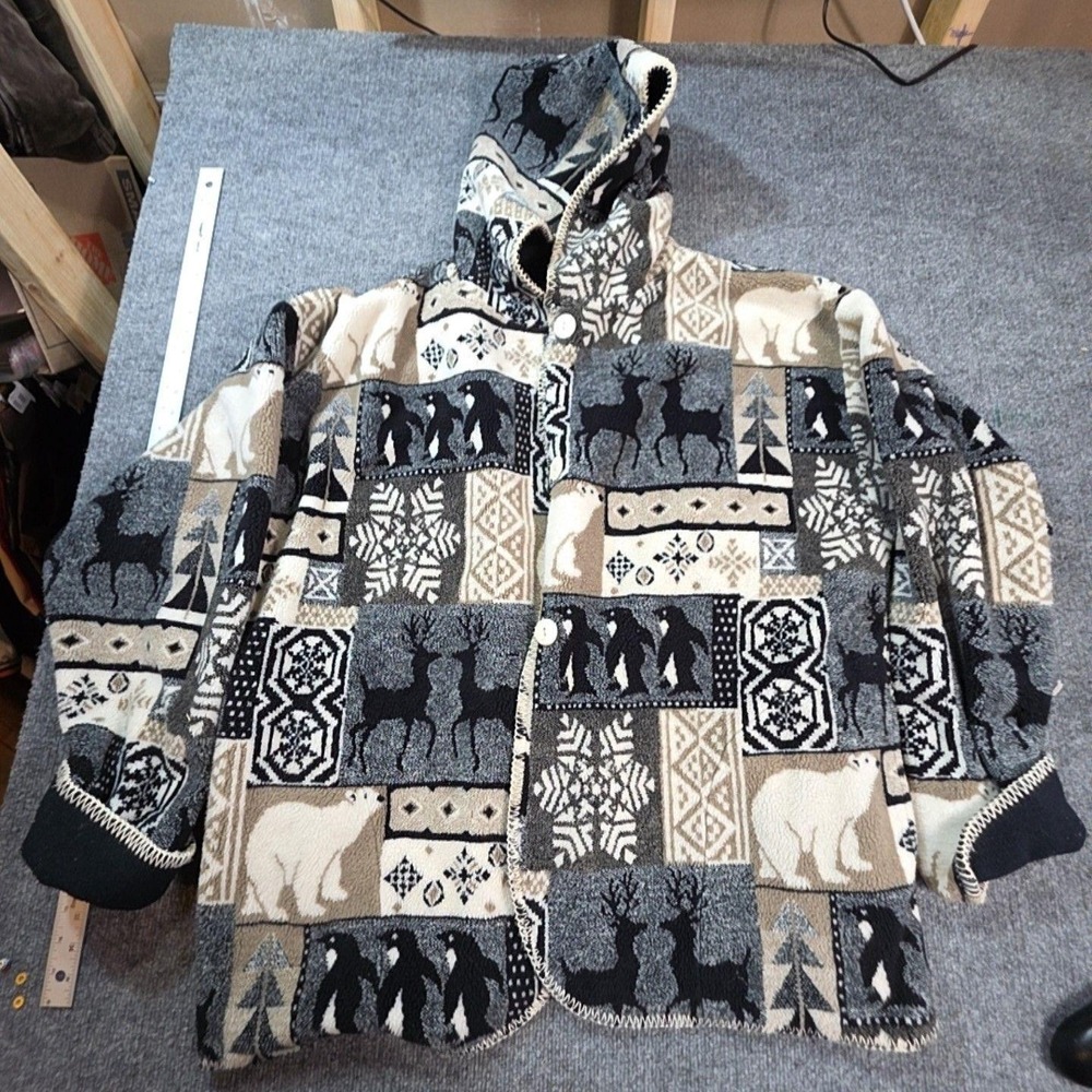 Black Mountain Jacket Mens XL Multicolor Fleece Hooded Button Parka Animal Ski